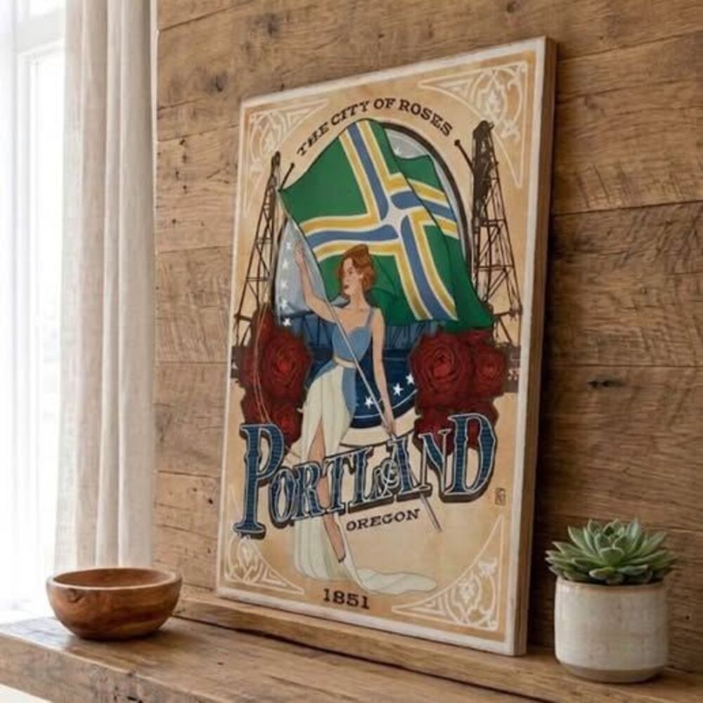 Signed Portland Oregon City of Roses Pinup Art Wood Block